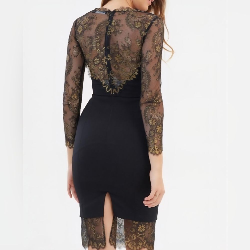 Karen Millen Black & Gold Lace Panel Pencil Dress - Size 4